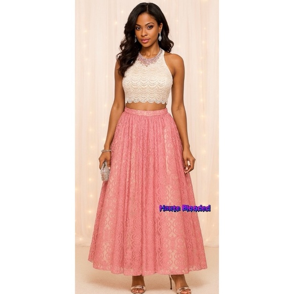 Studio 17 Dress Prom Crochet Crop Top Lace Tulle Skirt Pink Boho Carrie Bradshaw - Picture 1 of 15